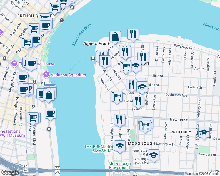 map of restaurants, bars, coffee shops, grocery stores, and more near 137 Eliza Street in New Orleans