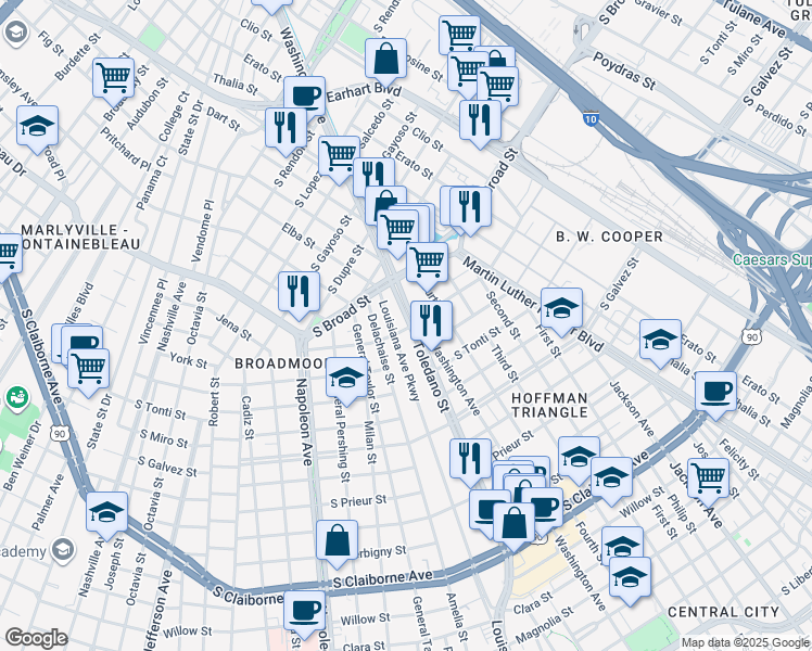 map of restaurants, bars, coffee shops, grocery stores, and more near 3833 Louisiana Avenue Parkway in New Orleans