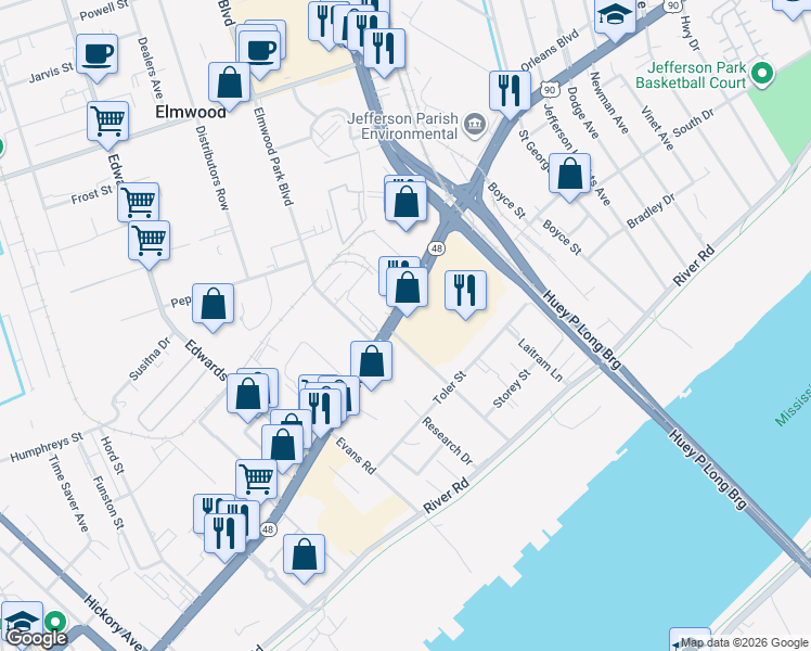 map of restaurants, bars, coffee shops, grocery stores, and more near 275-299 Plantation Rd in Elmwood