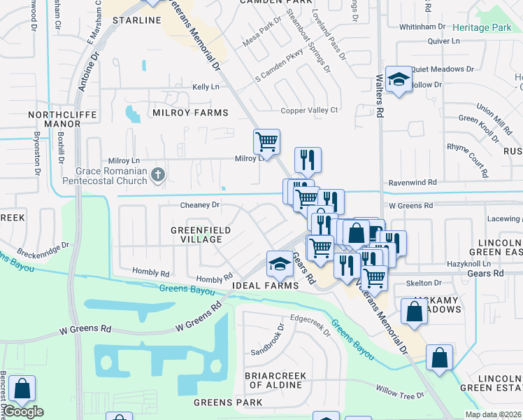 map of restaurants, bars, coffee shops, grocery stores, and more near 3210 Chalfont Drive in Houston