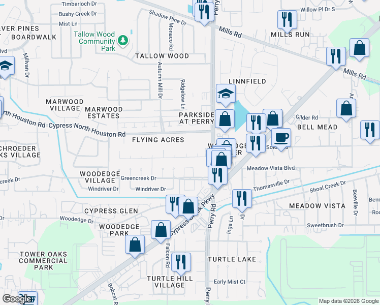 map of restaurants, bars, coffee shops, grocery stores, and more near 12003 Pine Pass Court in Houston