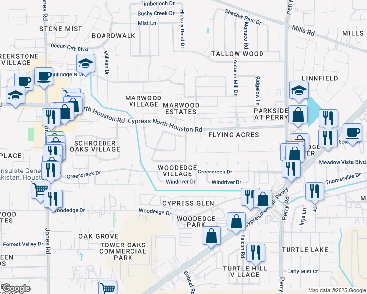 map of restaurants, bars, coffee shops, grocery stores, and more near 12014 Holly Stone Drive in Houston
