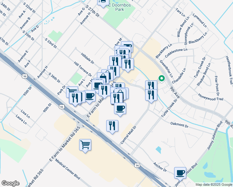 map of restaurants, bars, coffee shops, grocery stores, and more near 3100 Highway 365 in Port Arthur