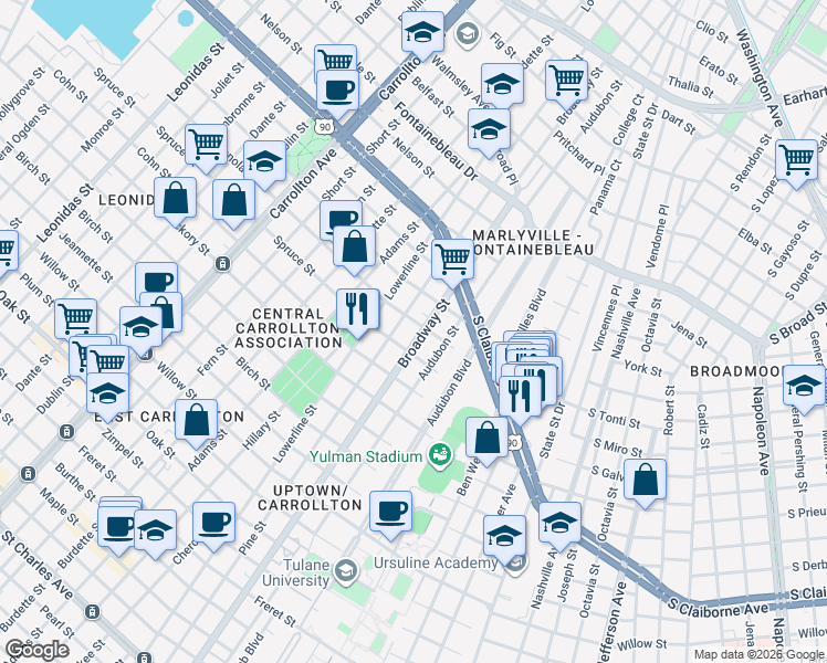 map of restaurants, bars, coffee shops, grocery stores, and more near 7120 Panola Street in New Orleans