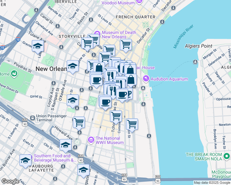 map of restaurants, bars, coffee shops, grocery stores, and more near 419 Poydras Street in New Orleans