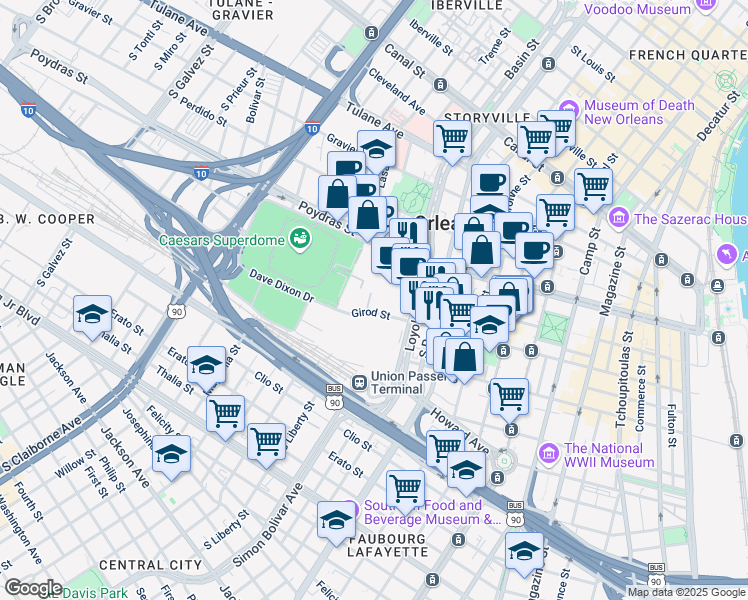 map of restaurants, bars, coffee shops, grocery stores, and more near 24 Girod Street in New Orleans
