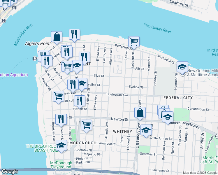 map of restaurants, bars, coffee shops, grocery stores, and more near 623 Atlantic Avenue in New Orleans