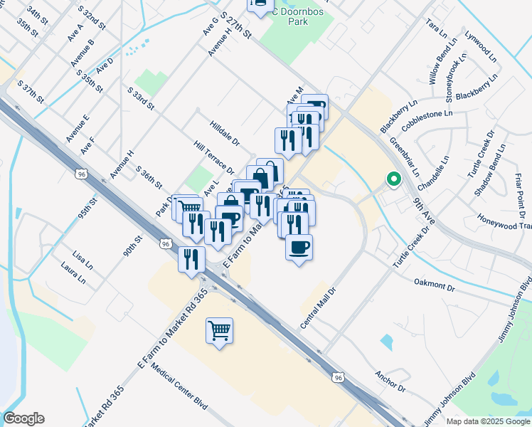 map of restaurants, bars, coffee shops, grocery stores, and more near 2709 Farm to Market Road 365 in Nederland