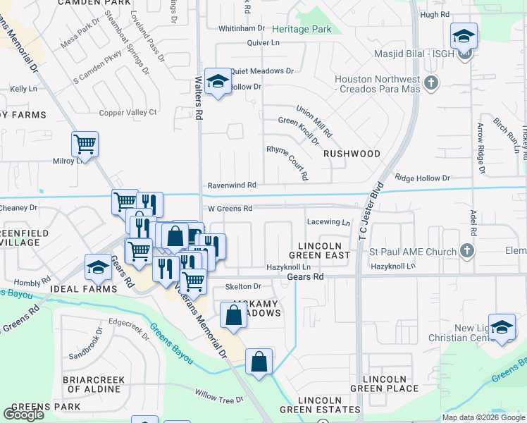 map of restaurants, bars, coffee shops, grocery stores, and more near 2702 Lacewing Lane in Houston