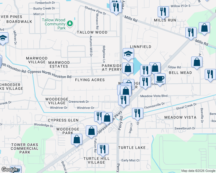 map of restaurants, bars, coffee shops, grocery stores, and more near 12003 Pine Pass Court in Houston