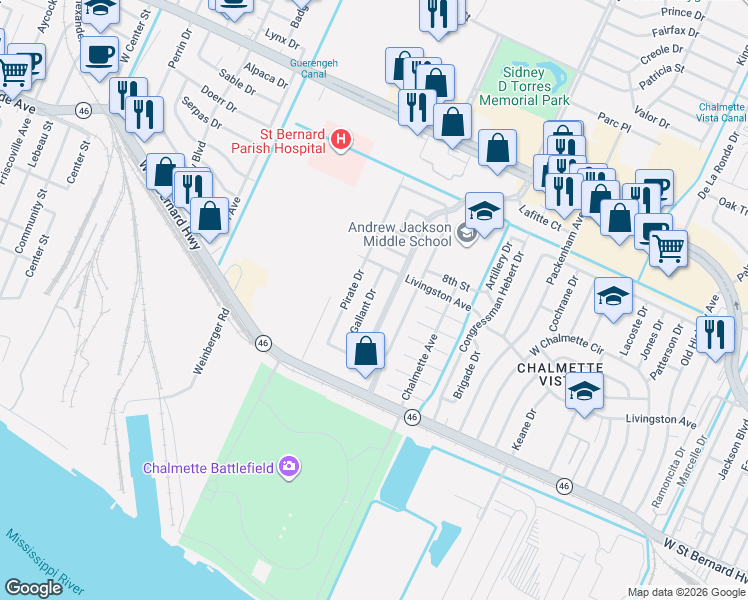map of restaurants, bars, coffee shops, grocery stores, and more near 2401 Jean Lafitte Parkway in Chalmette