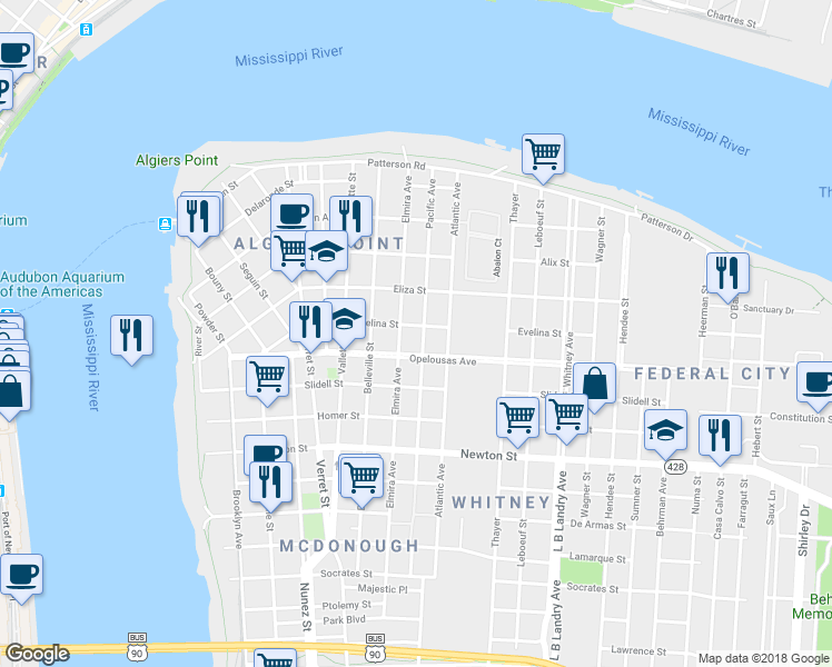 map of restaurants, bars, coffee shops, grocery stores, and more near 611 Pacific Avenue in New Orleans