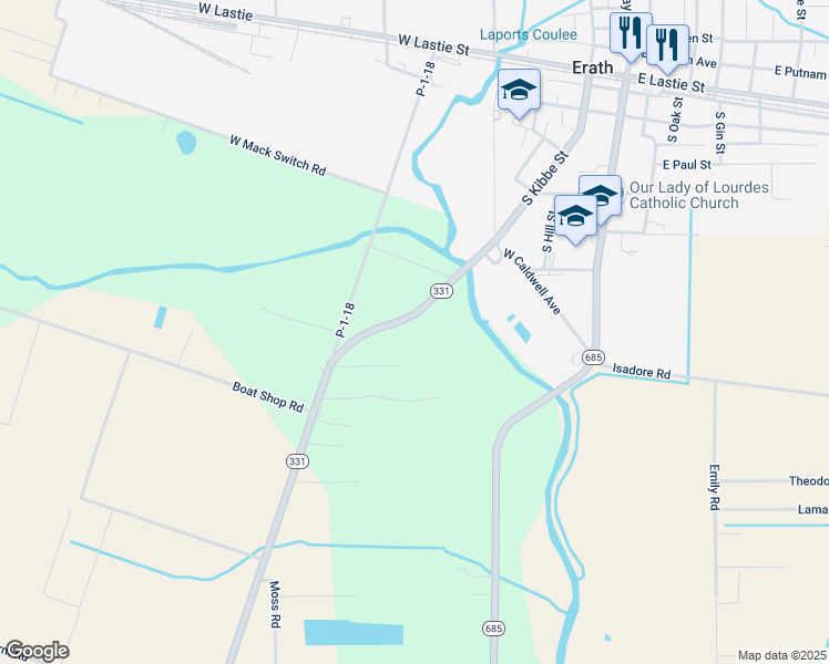 map of restaurants, bars, coffee shops, grocery stores, and more near 13923 Louisiana 331 in Erath