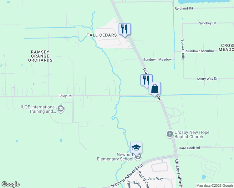 map of restaurants, bars, coffee shops, grocery stores, and more near 413 Foley Road in Crosby