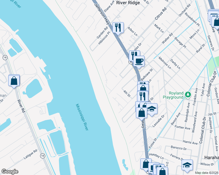 map of restaurants, bars, coffee shops, grocery stores, and more near 9310 River Lane in River Ridge