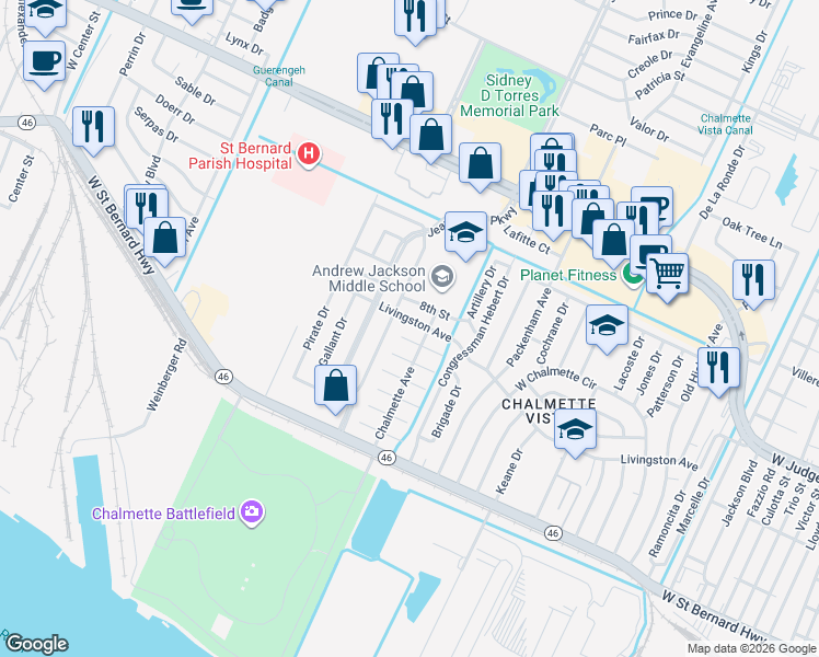 map of restaurants, bars, coffee shops, grocery stores, and more near 106 6th Street in Chalmette
