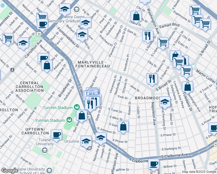 map of restaurants, bars, coffee shops, grocery stores, and more near 3605 State Street Drive in New Orleans