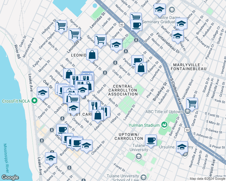 map of restaurants, bars, coffee shops, grocery stores, and more near 1619 Fern Street in New Orleans