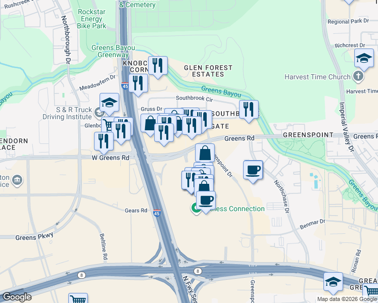 map of restaurants, bars, coffee shops, grocery stores, and more near 135 Greens Rd in Houston