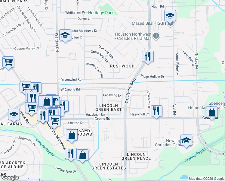 map of restaurants, bars, coffee shops, grocery stores, and more near 2206 Lacewing Lane in Houston
