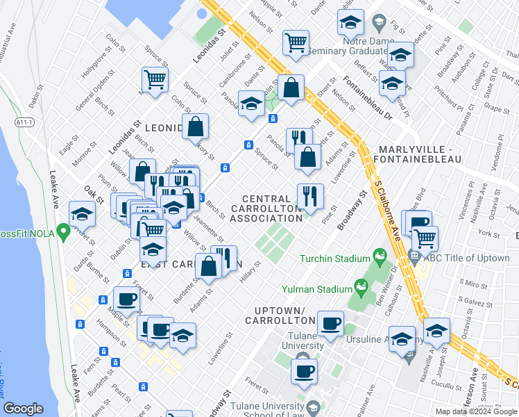 map of restaurants, bars, coffee shops, grocery stores, and more near 1728 Burdette Street in New Orleans