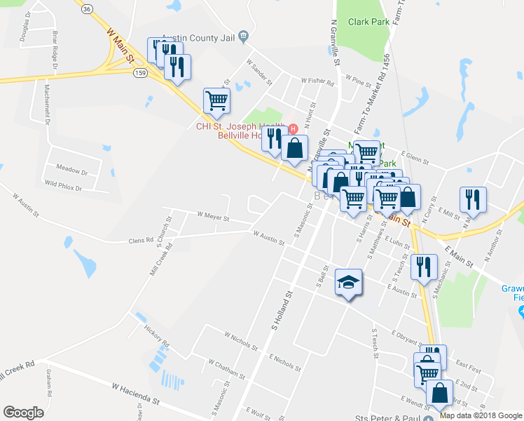 map of restaurants, bars, coffee shops, grocery stores, and more near 124 South Thomas Street in Bellville