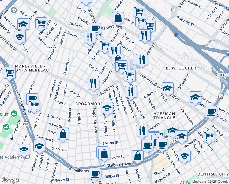 map of restaurants, bars, coffee shops, grocery stores, and more near 3928 Delachaise Street in New Orleans