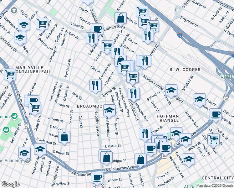 map of restaurants, bars, coffee shops, grocery stores, and more near 3928 Delachaise Street in New Orleans