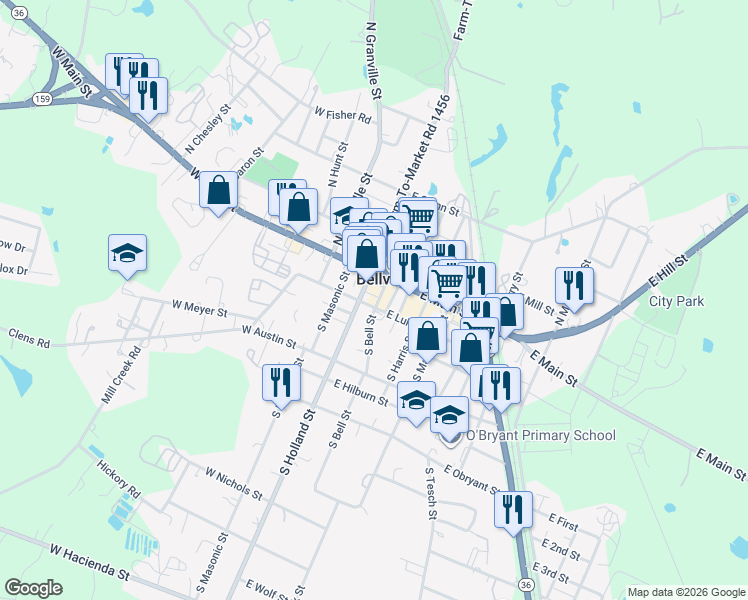 map of restaurants, bars, coffee shops, grocery stores, and more near 36 South Bell Street in Bellville