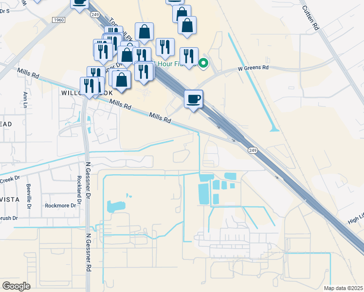 map of restaurants, bars, coffee shops, grocery stores, and more near 8125 Mills Road in Houston