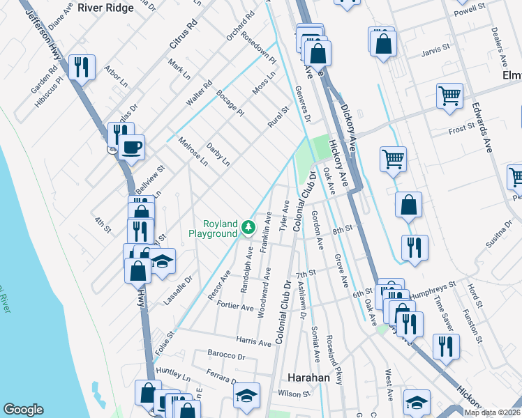 map of restaurants, bars, coffee shops, grocery stores, and more near 837 Franklin Avenue in Harahan