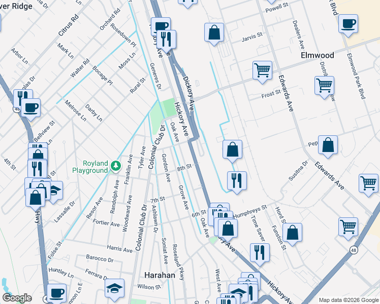 map of restaurants, bars, coffee shops, grocery stores, and more near 835 Oak Avenue in Harahan