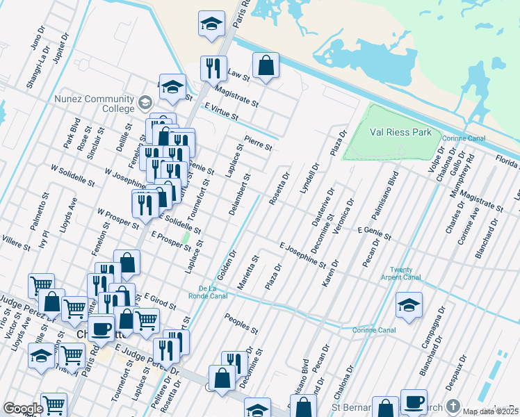 map of restaurants, bars, coffee shops, grocery stores, and more near 3417 Rosetta Drive in Chalmette