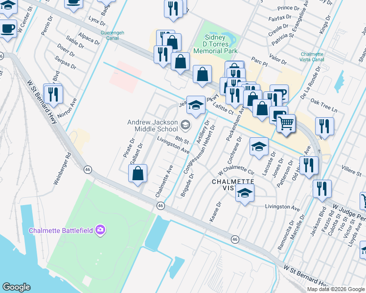 map of restaurants, bars, coffee shops, grocery stores, and more near 8404 Livingston Avenue in Chalmette