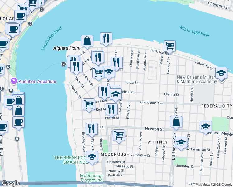 map of restaurants, bars, coffee shops, grocery stores, and more near 620 Opelousas Avenue in New Orleans