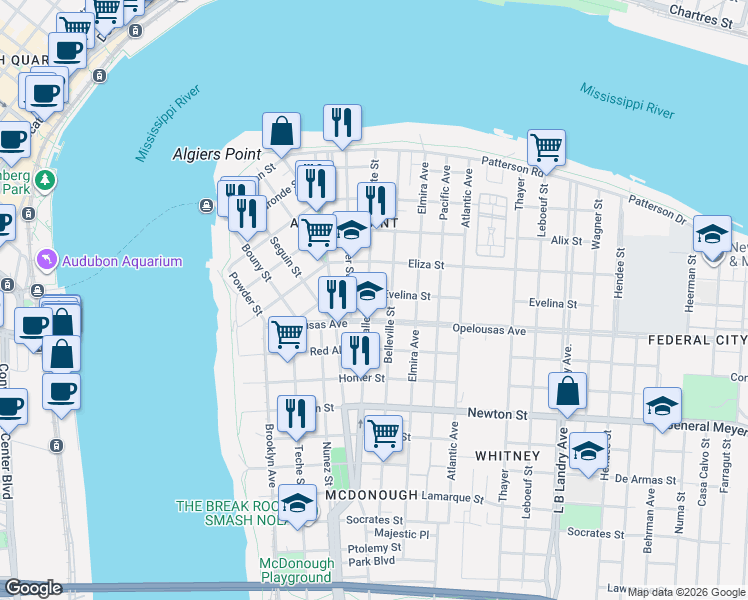 map of restaurants, bars, coffee shops, grocery stores, and more near 620 Opelousas Avenue in New Orleans