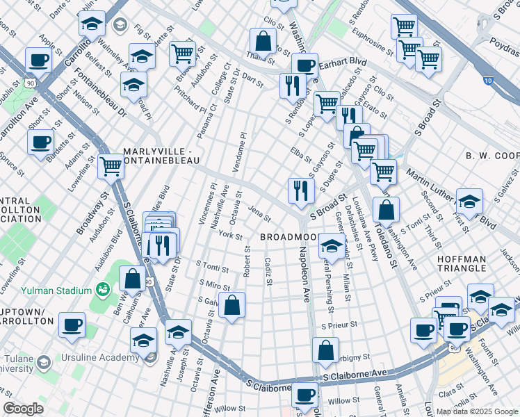 map of restaurants, bars, coffee shops, grocery stores, and more near 2132 South Salcedo Street in New Orleans