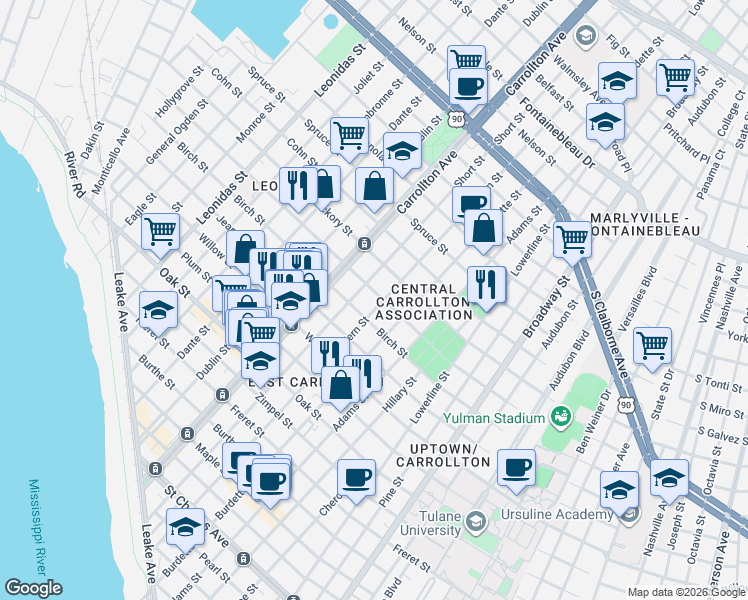 map of restaurants, bars, coffee shops, grocery stores, and more near 1619 Fern Street in New Orleans