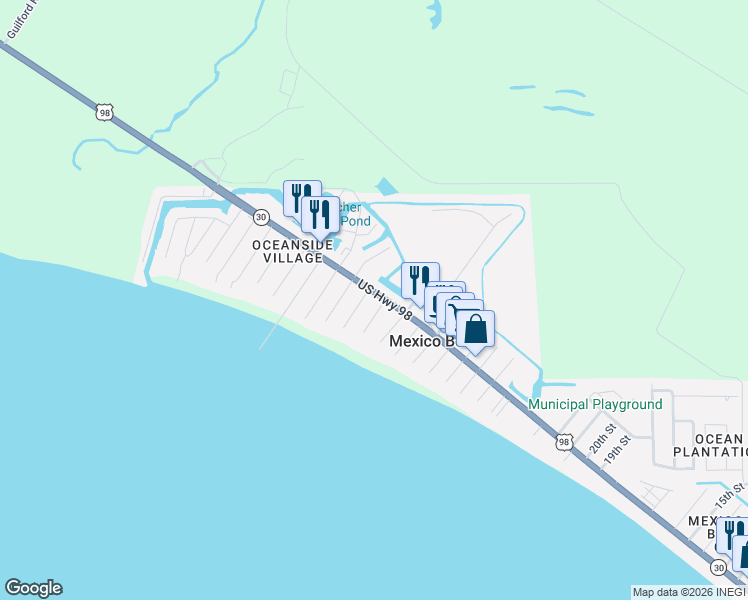 map of restaurants, bars, coffee shops, grocery stores, and more near 103 33rd Street in Mexico Beach