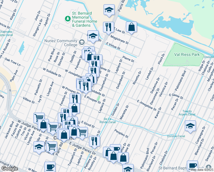 map of restaurants, bars, coffee shops, grocery stores, and more near 3321 Laplace Street in Chalmette