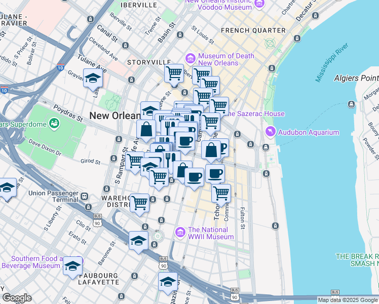map of restaurants, bars, coffee shops, grocery stores, and more near 601 Poydras Street in New Orleans