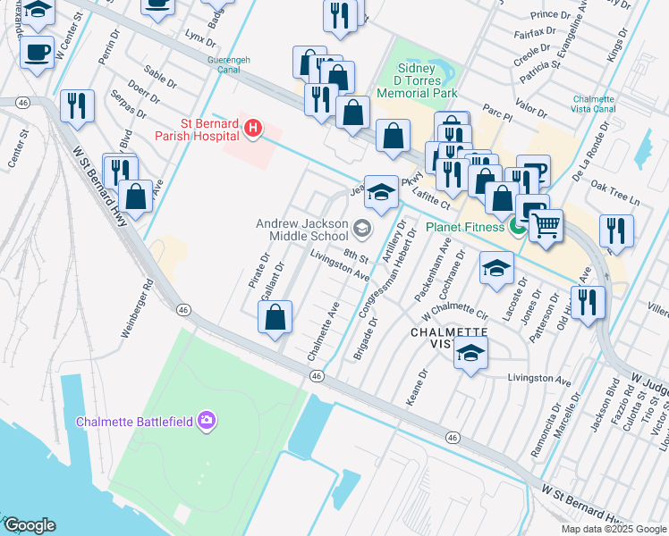 map of restaurants, bars, coffee shops, grocery stores, and more near 106 6th Street in Chalmette