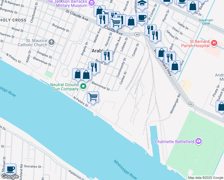 map of restaurants, bars, coffee shops, grocery stores, and more near 413 Community St in Arabi