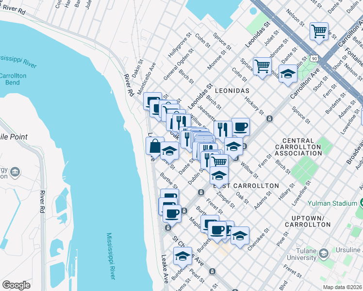 map of restaurants, bars, coffee shops, grocery stores, and more near 8424 Zimple Street in New Orleans