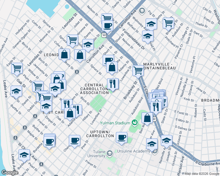 map of restaurants, bars, coffee shops, grocery stores, and more near 1900 Lowerline Street in New Orleans