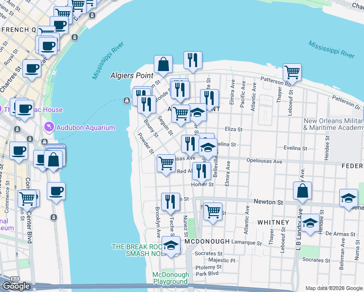map of restaurants, bars, coffee shops, grocery stores, and more near 1017301 Verret Street in New Orleans