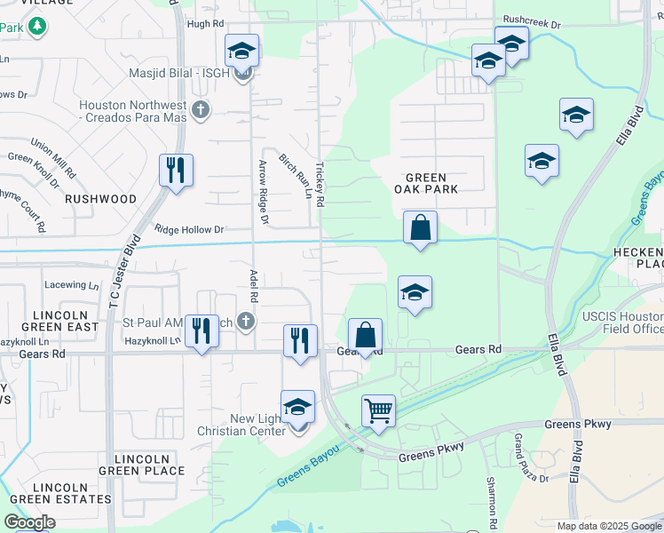 map of restaurants, bars, coffee shops, grocery stores, and more near 11435 Trickey Road in Houston