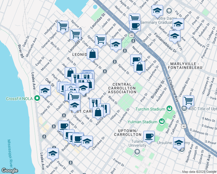map of restaurants, bars, coffee shops, grocery stores, and more near 1638 Fern Street in New Orleans