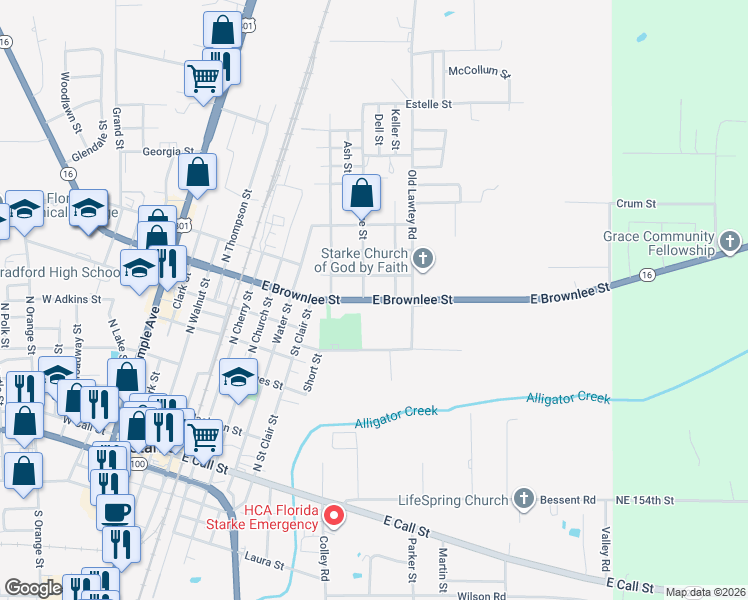 map of restaurants, bars, coffee shops, grocery stores, and more near 923 East Brownlee Street in Starke