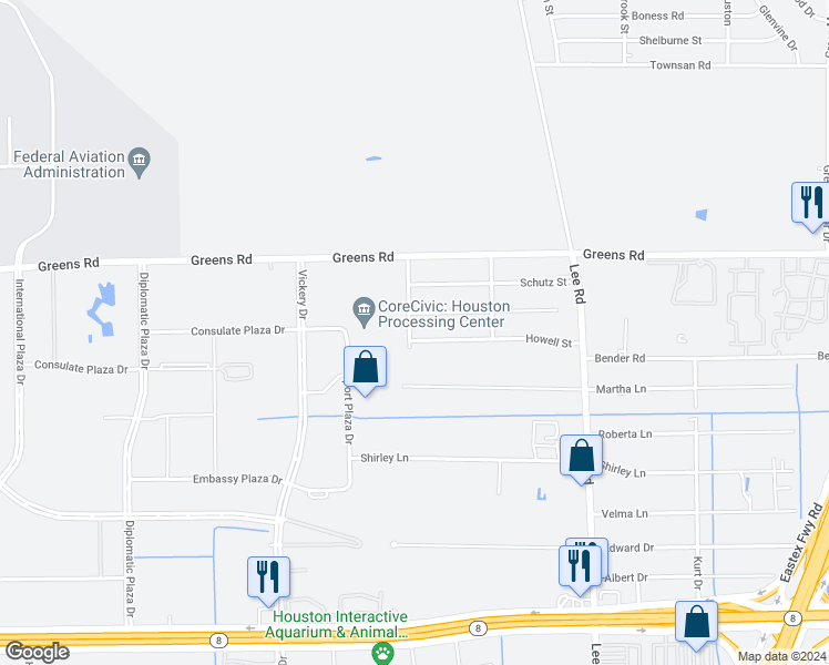 map of restaurants, bars, coffee shops, grocery stores, and more near 5601 Howell Street in Houston